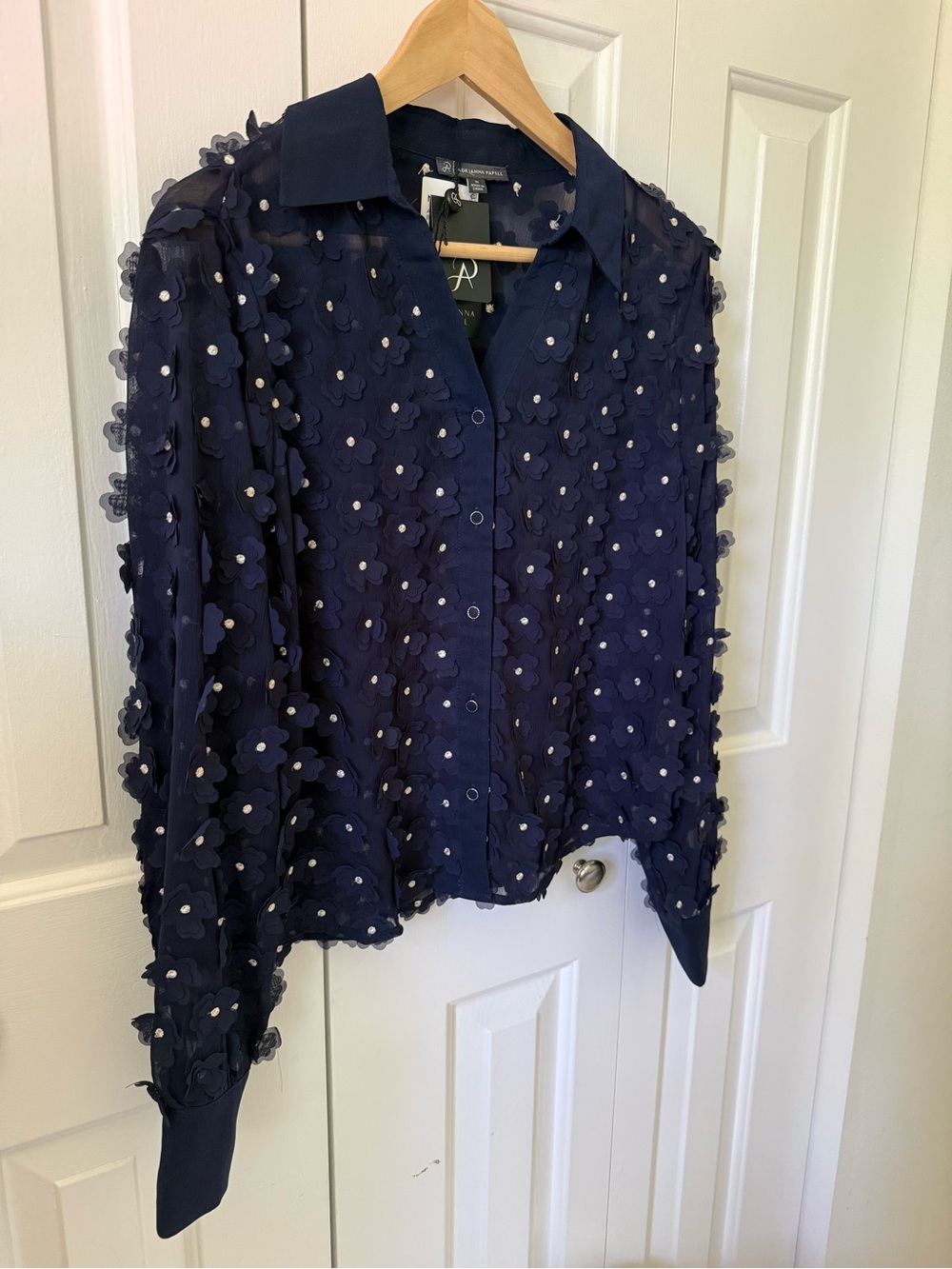 Adrianna Papell Navy Floral Appliqué Button-Down Blouse